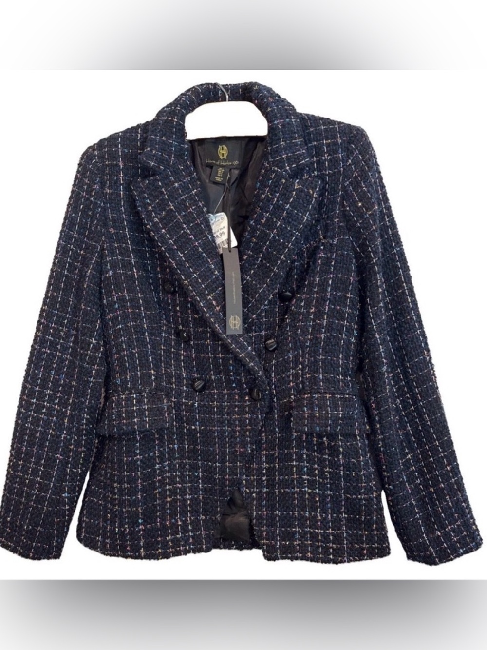 House of Harlow 1960 Navy Tweed Double-Breasted Blazer with Metallic Accents NWT